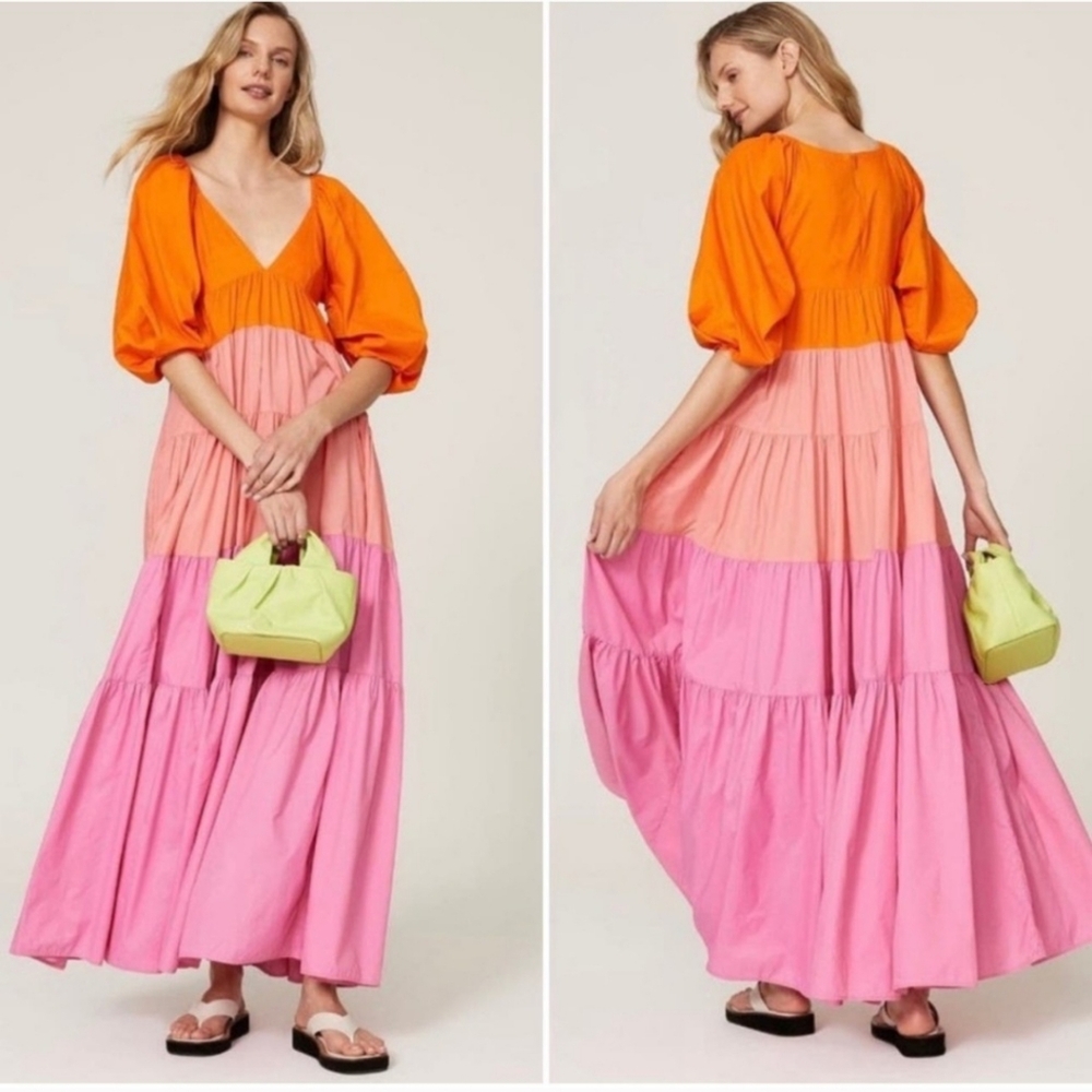 Staud meadow rainbow colorblock multicolor v neck short sleeve tiered maxi dress